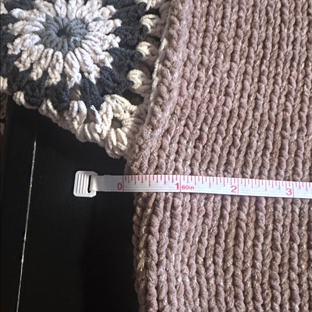 POL Brown Sweater, Cream Crochet Sleeves, dark blue squares, lighter center - Picture 9 of 9